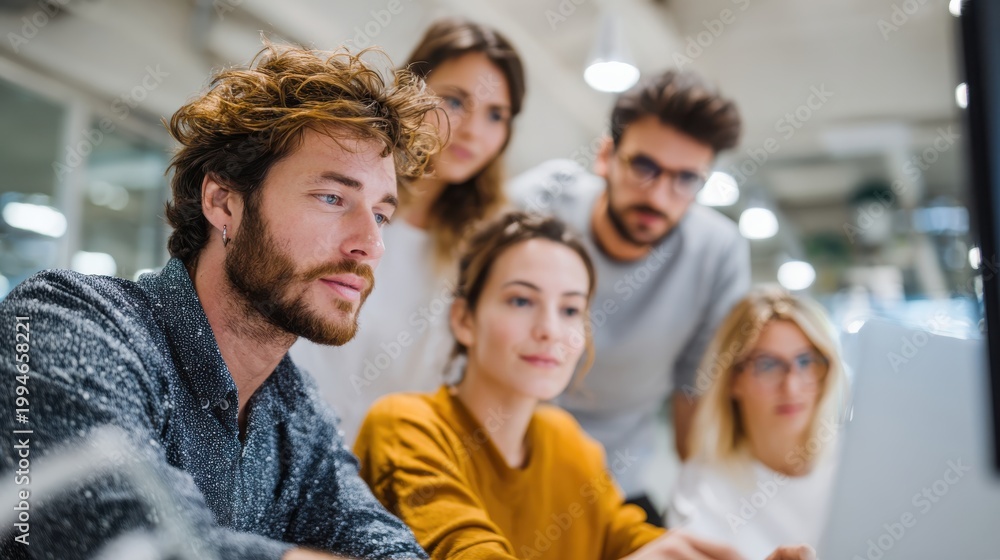 Fototapeta premium Focused Collaboration: A group of individuals is immersed in deep concentration, their attention riveted on a shared project.