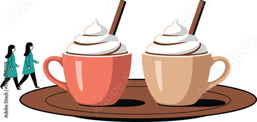 Two cups of coffee with whipped cream on tray cozy cafe drink concept warm beverage vector illustration