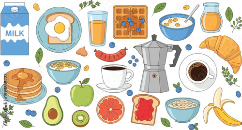 Breakfast food collection with coffee milk cereal waffles fruits croissant toast and healthy morning meal vector illustration set