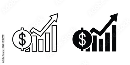 Dollar sign coin and rising bar chart outline and solid styles