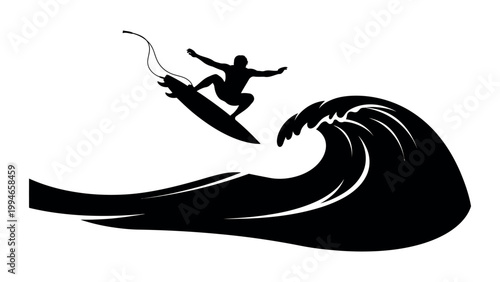 Surfer performs aerial stunt on surfboard above large ocean wave in motion.
