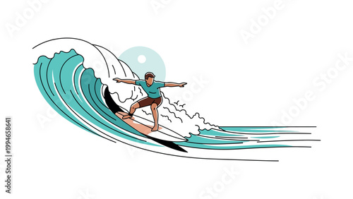 Man surfing on a wave on a sunny day riding a board quickly