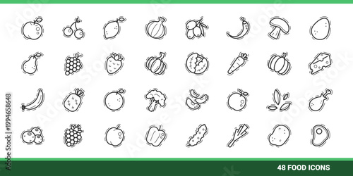 Set of fruits, vegetables, and meat products icons in a thick and thin line style; grocery signs and symbols; vector pictograms; and nutrition design elements.