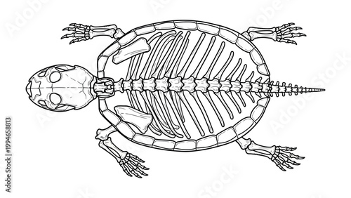 An illustration shows a turtle skeleton from above outdoors in nature.