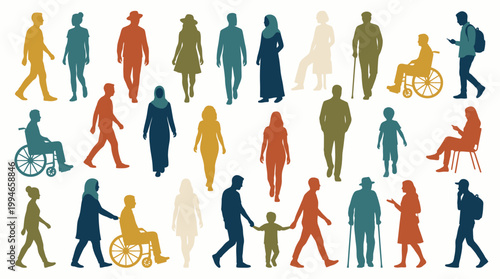 Diverse silhouettes of people of all ages and abilities walking, representing community and inclusion in a colorful graphic illustration