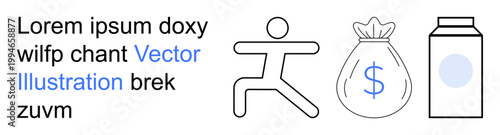 Fitness, financial motivation, dairy products, graphic design, conceptual artwork, abstract . A stick figure, money bag with a dollar milk carton and placeholder text. Fitness and financial
