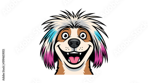 A colorful cartoon dog with multicolored hair wags its tongue playfully on a white background