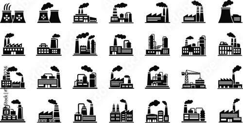 Industrial factory icon set featuring power plants, nuclear stations, manufacturing warehouses, oil refineries, and chimney smoke silhouettes on white background