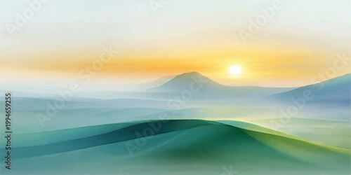 A breathtaking nature landscape view of the sun setting over mountain peaks and the horizon as the evening light reflects on the clouds and distant lake water