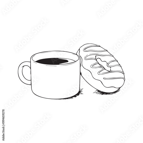 Hand drawn sketch of a coffee cup and glazed donut black and white line art illustration
