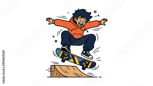 A boy performs a skateboard trick on a ramp with motion lines and stars.