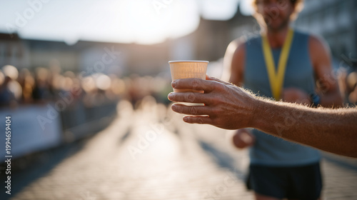 Marathon relay race volunteer at water station hands paper cup to sweating runner mid-stride, outdoor summer race, crowd lining barricade, city street, June distance running event, hydration station