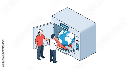 Two Men Working Together to Place Globe Inside Machine.