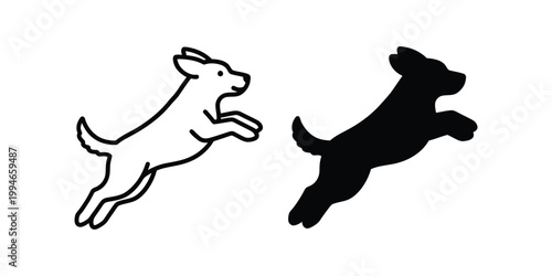 Outline and silhouette of a jumping dog, black and white