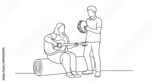 Two Musicians Playing Guitar and Tambourine Together in Harmony.