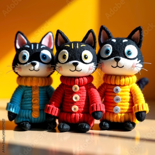 Three Felt Cat Dolls in Colorful Sweaters