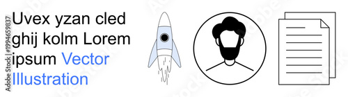 Startup projects, branding, personal identity, business growth, document management, innovation. Rocket, human face and sheet of paper are . Startup projects and branding concept