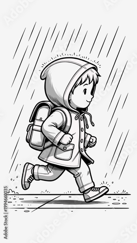 Embracing the rain: A joyful journey from home with a sturdy backpack and a cheerful spirit.