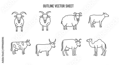 Farm Animal Outline Vector Icons: Goat, Sheep, Cow, Camel, Bull