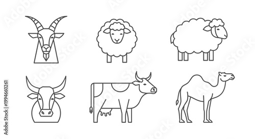 Farm Animals Icon Set: Goat, Sheep, Cow, Bull, Camel Line Art