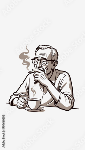 A moment of contemplation, where a cup of coffee and a puff of smoke create the perfect ambiance for reflection.