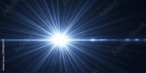 Bright abstract blue background with a glowing light burst and energy rays featuring a shining star flare and laser beam design for a space explosion illustration
