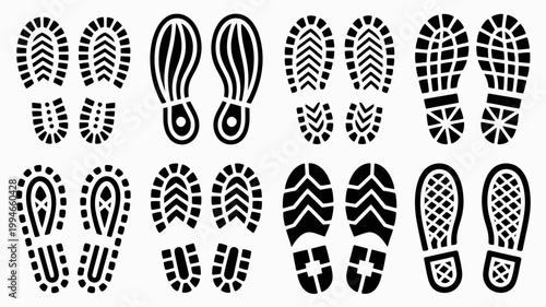 A collection of diverse shoe sole patterns is displayed in black and white showcasing various tread designs and footwear impressions high quality professional detailed modern elegant