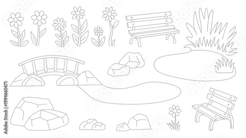 A simple black and white illustration depicts a park scene with flowers a bridge rocks a pond and park benches high quality professional detailed modern elegant