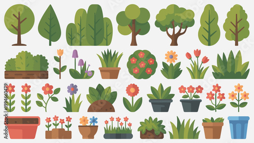 A colorful collection of stylized trees bushes potted plants and various flowers are arranged on a light gray background high quality professional detailed modern elegant stylish