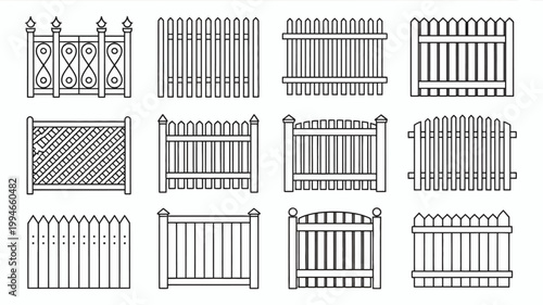 A collection of various linear fence designs are displayed showcasing different styles and patterns for garden or property borders high quality professional detailed modern elegant stylish