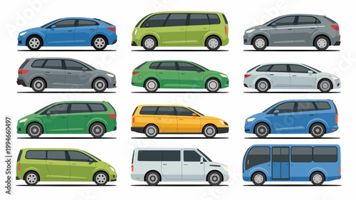 A collection of various modern family cars and vans are displayed in a grid layout showcasing different colors and styles high quality professional detailed elegant stylish