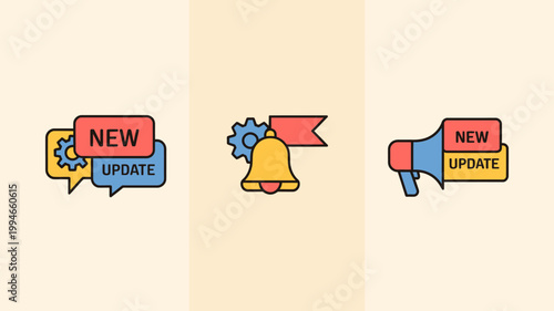 A set of three colorful icons represents announcements and updates a chat bubble a bell and a megaphone high quality professional detailed modern elegant stylish clean