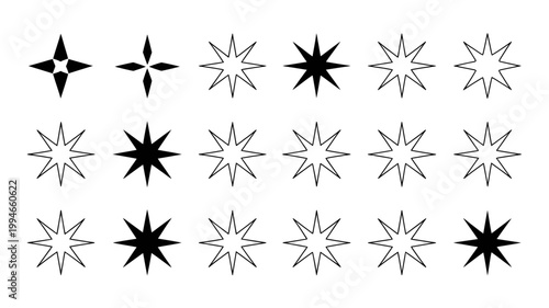 A collection of black and white starburst shapes are displayed varying in the number of points and overall design complexity high quality professional detailed modern elegant
