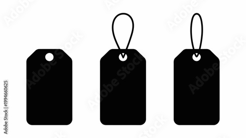 Three black tags are displayed against a white background each with a hole and loop for attachment high quality professional detailed modern elegant stylish clean crisp