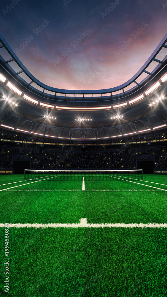 Fototapeta premium Grass tennis court at a sports arena with glowing spotlights and fans ready for the upcoming grand sporting event. Professional sports vertical background for advertisement.