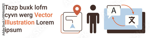 Language learning, translation tools, navigation, global communication, localization, digital interfaces. Visual of person, location pin directional map and translation icons. Language learning