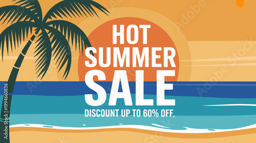 A vibrant summer sale advertisement features palm trees a setting sun and ocean waves promoting discounts up to 60 off high quality professional detailed modern elegant