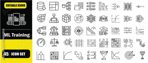 Machine Learning Model Training Icon Set – Data Science, AI Model Building, Algorithm Training, Dataset Processing, Neural Network Learning and Performance Optimization Line Icons – Thin Line Editable