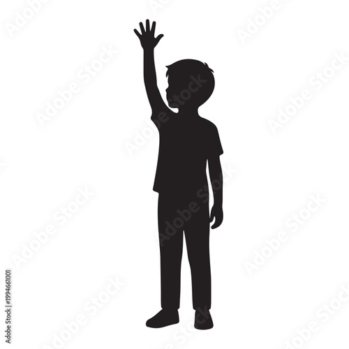 Silhouette of a young boy with his hand raised in greeting or asking a question, vector art.