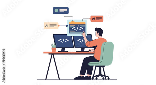 Man working on computer coding programming.