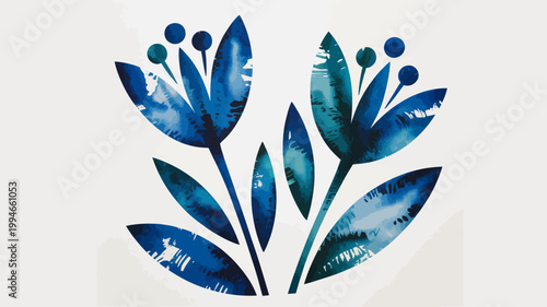 An abstract watercolor painting features stylized blue and teal floral shapes against a clean white background evoking a natural organic feel high quality professional detailed modern