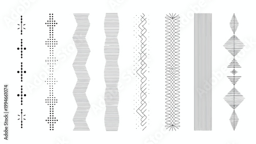 A collection of seven distinct vertically oriented line patterns is displayed against a plain white background showcasing varied textures high quality professional detailed modern elegant stylish