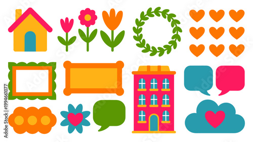 A colorful collection of cartoonish icons features houses flowers frames speech bubbles and decorative elements on a white background high quality professional detailed modern elegant stylish