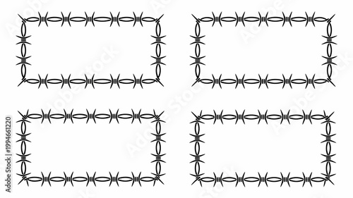 A graphic depiction showcases four rectangular frames constructed entirely from sharp coiled barbed wire creating a stark and defensive border high quality professional detailed modern elegant
