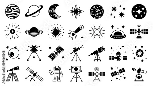A collection of black and white icons depicting various celestial bodies spacecraft and equipment related to space exploration high quality professional detailed modern elegant stylish clean