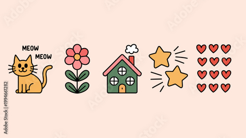 A charming illustration depicts a cat flower house stars and hearts arranged horizontally against a pale pink background high quality professional detailed modern elegant stylish clean