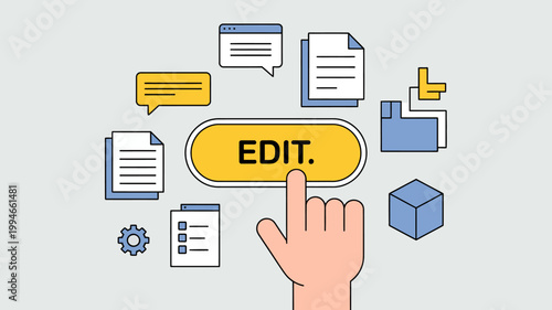 A hand cursor points towards a bright yellow edit button surrounded by icons representing document editing and file management high quality professional detailed modern elegant stylish