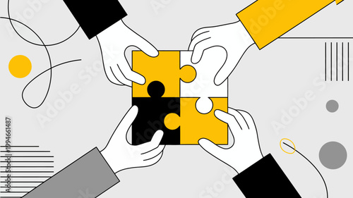 Four hands collaboratively connect puzzle pieces symbolizing teamwork problem solving and the importance of fitting together for a complete solution high quality professional detailed modern elegant