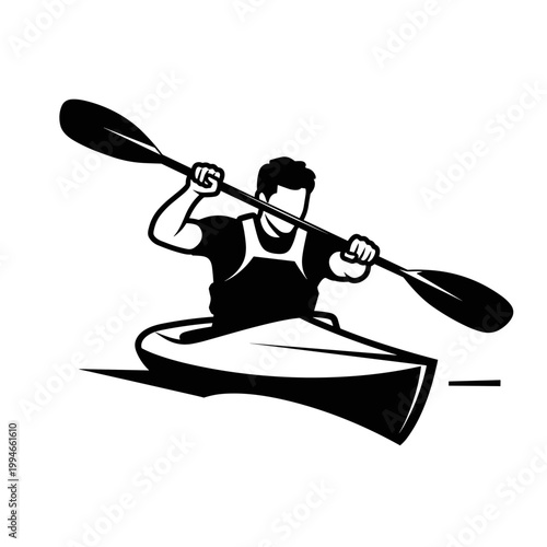 A man paddling a kayak for use in sports blogs, adventure travel materials, or fitness guides. The bold black and white outline conveys an dynamic mood on a white background, with copy space.