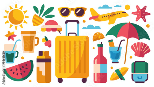 A vibrant collection of summer vacation essentials is displayed including a suitcase sunglasses and tropical fruits evoking a feeling of travel high quality professional detailed modern